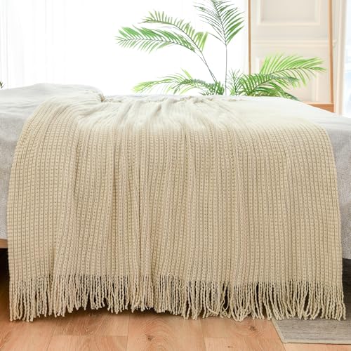 Blagic Knit Throw Blanket for Couch and Bed with Tassels,Off White, 50"x60" - color: D-beige, size: 50 × 60 in