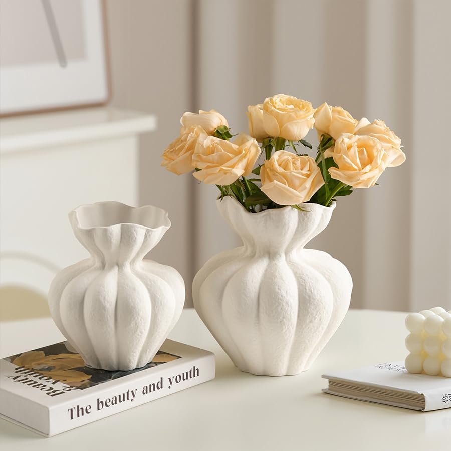 White Ceramic Vase, 8.2 Inch Modern Boho White Flower Vase for Home Decor, Unique Vase for Farmhouse Living Room Cabinet Table Centerpieces Wedding Decorations - size: Large