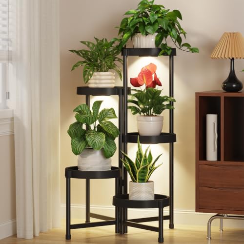 LASZOLA 5 Tiered Plant Stand Indoor with Grow Lights, Corner Folding Tall Flower Display Rack with Plastic Tray, Modern Plant Holder Shelf for Outdoor Patio Porch Garden Office Living Room, Black - color: Natural Black with Light, size: 5 Tier