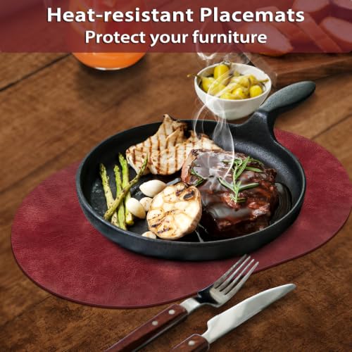 ADRIMER Oval Placemats Set of 6, Wipeable Faux Leather, Wine Red - color: Wine Red