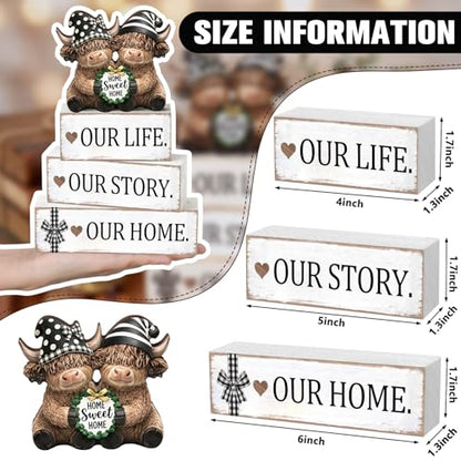 Yousoontic 4 Pcs Sweet Home Highland Cow Figurines, Rustic Farmhouse Decor - style: Home
