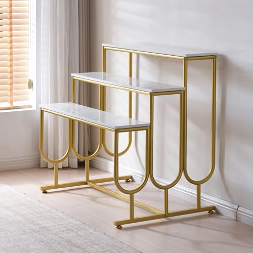 3-Tier Display Riser Stand, Gold Metal Frame, Marble-Look Shelves