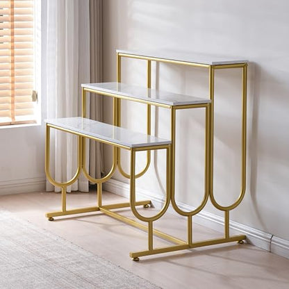 3-Tier Display Riser Stand, Gold Metal Frame, Marble-Look Shelves