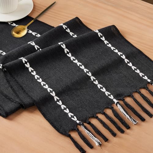 Niviy Black Table Runner 72 Inches Long, Black Christmas Decor Embroidered Striped Braided Boho Table Runner for Holiday Home Party Indoor Outdoor 12 x 72 Inch - color: Black, size: 12 x 72 Inches