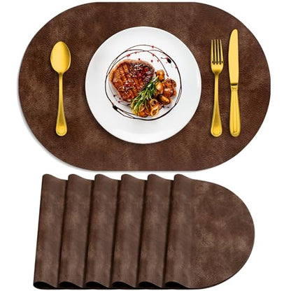 ADRIMER Oval Placemats Set of 6, Wipeable Faux Leather, Brown - color: Brown