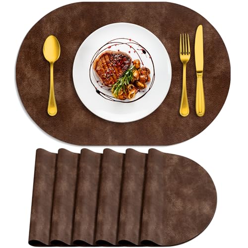 ADRIMER Oval Placemats Set of 6, Wipeable Faux Leather, Brown - color: Brown
