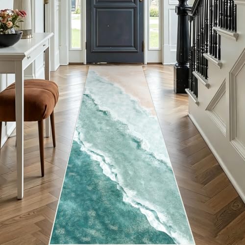 Beach Pattern 2.6x8ft Runner Rug Non Slip Washable Kitchen Runner Rug with Rubber Backing，Low-Pile Soft Washable Runner Rugs for Hallway Entryway Kitchen Bedroom Living Room Bathroom，Teal - color: Teal Beach, size: 2'6" x 8' (Rug)