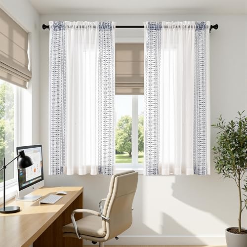 jinchan Floral Linen Sheer Boho Curtains 63 Inch Rod Pocket 2 Panels Blue - color: Boho Blue on White, size: 55"W x 63"L (Pack of 2)