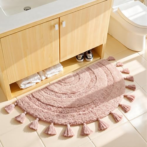 KOEXM Half Circle Boho Bathroom Rugs with Tassels 100% Cotton - color: Blush Pink, size: 1'10" x 3'1" (Semicircular)