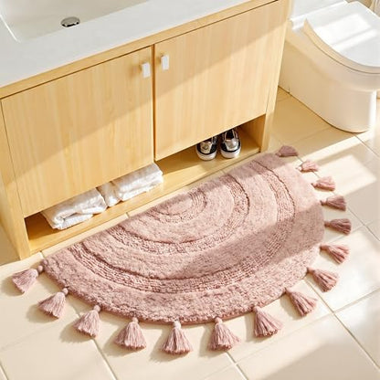 KOEXM Half Circle Boho Bathroom Rugs with Tassels 100% Cotton - color: Blush Pink, size: 1'10" x 3'1" (Semicircular)