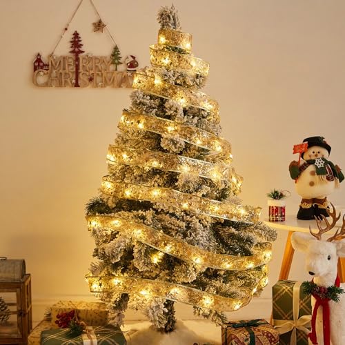Christmas Ribbon Fairy Lights 33Ft 100 LED String Lights Battery Operated 2In Gold Foil Ribbon with Warm White Twinkle Firefly Lights Indoor Starry Holiday Decoration for Christmas Tree - size: Ribbon Lights