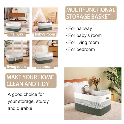 OIAHOMY Blanket Basket Laundry Basket Dog Toy Basket 75L Green/White - color: Green/White, size: 22”x17”x12”