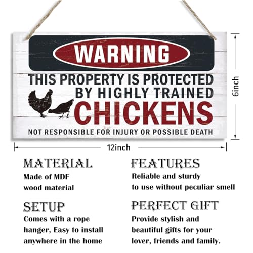 Funny Warning Signs, The Property is Protected By Highly Trained Chicken Sign, Decorative Wood Hanging Wood Plaque, Farmhouse Home Garden Yard Decor, Door Gate Hanger, Chicken Farm Decor - color: CHICKENS