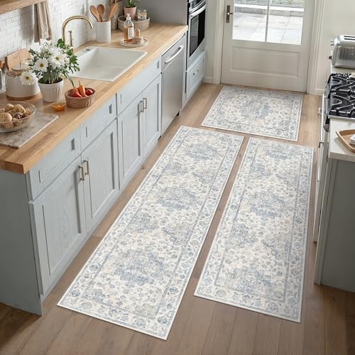 Washable Neutral Blue Kitchen Runner Rug Set of 3 - color: Neutral | Blue, size: 20"x32"+20"x48"+20"x59"