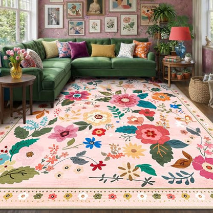 RELEANY Floral Washable 7x9 Area Rugs Pink - color: Pink, size: 7' x 9' (Rectangular)