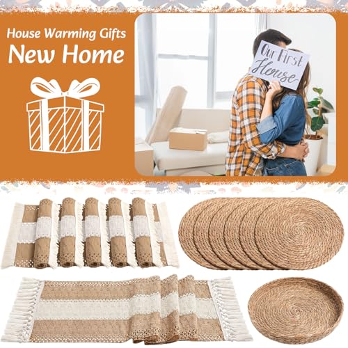 Boho Table Runner and Placemats Set, 6 Sets, Khaki B, 12x72 - color: Khaki B, size: 12x72"