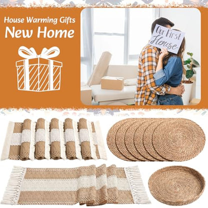 Boho Table Runner and Placemats Set, 6 Sets, Khaki B, 12x72 - color: Khaki B, size: 12x72"