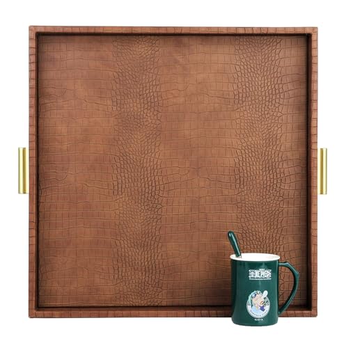 HofferRuffer Elegant Decorative Serving Tray, 20"x20" Square Faux Leather Ottoman Tray with Gold Hardware Handles, Coffee Table Serve Tea Coffee or Breakfast (Antique Brown) - color: Antique Brown, size: 20" x 20" x 2"