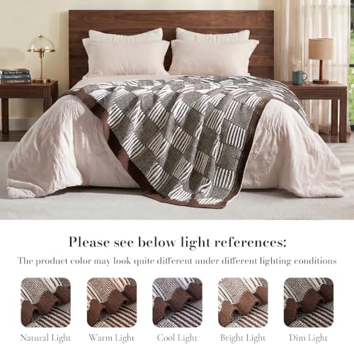 Amélie Home Checkered Knit Throw Blanket for Couch, Mocha Brown 50"x60" - color: Checkered Mocha Brown, size: 50" X 60"