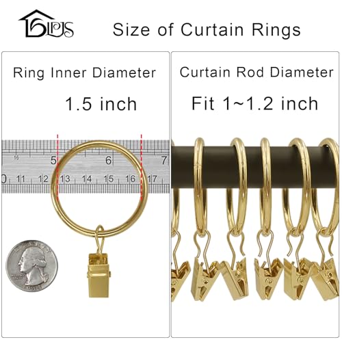 LLPJS Curtain Rings with Clips, 1.5 inch ID, 20 Pack, Gold - color: Gold, size: 1.5" I D Set of 20