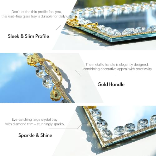 Large Crystal Tray Modern Glass Mirror Jewelry Trinket Trays with Diamond - color: Clear,rectangular2