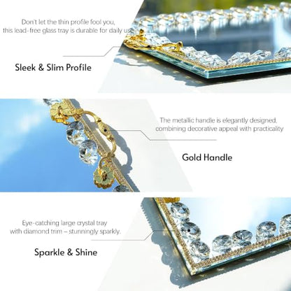 Large Crystal Tray Modern Glass Mirror Jewelry Trinket Trays with Diamond - color: Clear,rectangular2