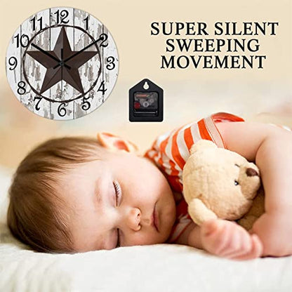 Round Farmhouse Wall Clock Western Texas Star Classic Style Wood Clock Quiet Non-Ticking Battery Operated with Large Numbers Rustic Wall Art Time Clock for Living Room Patio School 15 Inch - color: Style-1, size: 15in