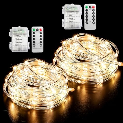 Pooqla Battery String Lights Outdoor, 2 x 100LED Warm White Rope Lights - color: Warm White, size: 100LED×2