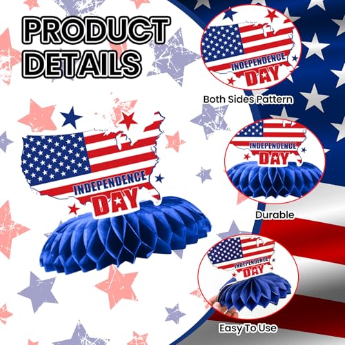 4th of July Honeycomb Centerpieces - 9PCS Patriotic Themed Table Decorations, Red White Blue Independence Day Party Supplies for Patriotic Events American Theme Gatherings - style: Independence Day