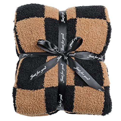 Ultra Soft Checkered Blanket Cozy Buffalo Check Throw Fluffy Knitted Reversible Throw Blanket Lightweight Fleece Checkerboard Grid Blanket for Sofa Couch Bed Travel, Black/Camel, 51''x63'' - color: Black/Camel