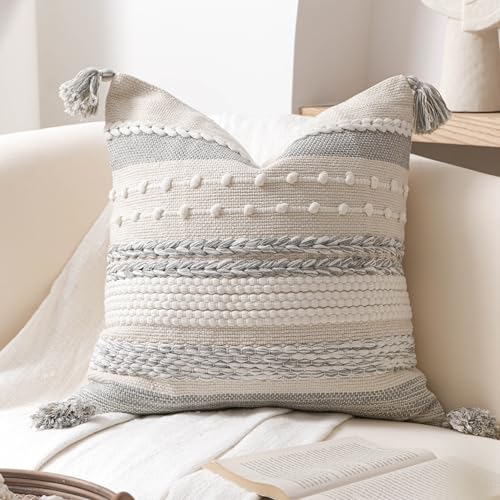 BlissBlush Gray Boho Decorative Throw Pillow Cover 20x20 Square Farmhouse Accent Cushion for Couch Sofa Livingroom Bedroom Pillowcase Modern Home Décor (Pack of 1) - color: Gray White, size: 20" x 20" (Pack of 1)