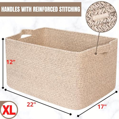 MINTWOOD Design 22in Extra Large Blanket Basket Holder Living Room, Rectangle Rope Woven Storage Basket with Handles for Laundry, Pool Towels, and Shoes, Dog Toy Organizer Bin Box, Oatmeal Brown - color: Oatmeal Brown