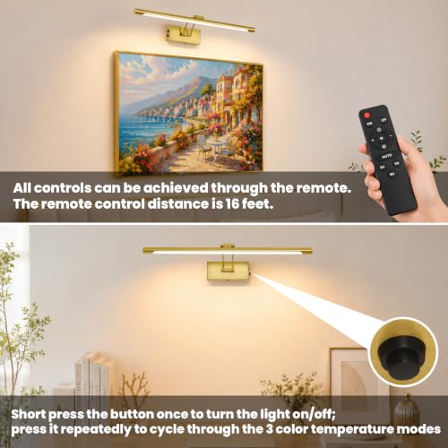 Battery Operated Picture Light for Wall,Gold Brushed 23.6-Inch - color: Gold, size: 23.6 Inch