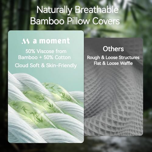 a moment 2 Pack Bamboo Fiber Pillow Covers - Waffle Weave, Ultra Soft & Breathable, Skin-Friendly Cotton Throw Pillow for Couch, Sofa, Bedroom Living Room 12x20 Inch White - color: White, size: 20" x 12" (Pack of 2)