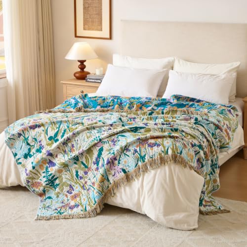 Boho Throw Blanket, 100% Soft Cotton Floral Quilt, King 90"x 98" - color: Wildflowers, size: King 90"x98"