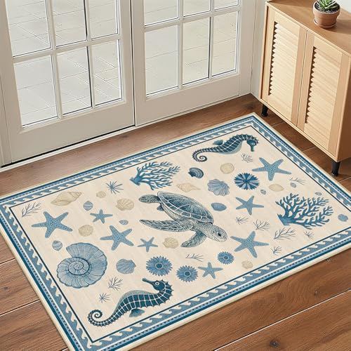 Coastal Nautical Rug 2x3 for Entryway Sea Turtle Starfish Ocean Seashell - color: Coastal, size: 2' x 3' (Rectangular)