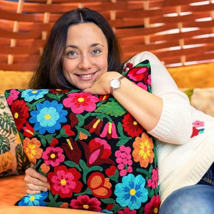 HunnmingRe Mexican Embroidered Flower Throw Pillow with Insert, Black - color: Black