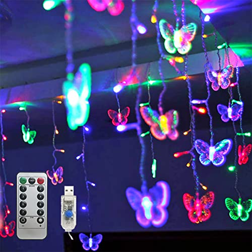 Butterfly Curtain Fairy Lights USB Plug in,8 Modes 120 LED 20FT Firefly Twinkle Timer String Lights with Remote, Waterproof for Bedroom Christmas Wedding Party (Multicolor) - color: Multicolor