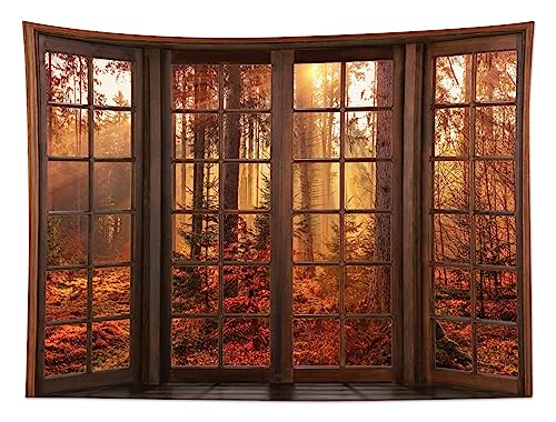 HVEST Fall Tapestry Orange Maple Tree Forest Nature Landscape outside Window Wall Art for Bedroom, Rustic Autumn Tapestry Wall Hanging for Living Room Dorm Holiday Wall Decor, 59W x 51L inches - color: Brown Orange, size: 51"L x 59"W