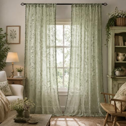 Kotile Sage Green Sheer Curtains 84 Inches Long, Boho Lace Window Panels - color: Sage Green, size: 52"W x 84"L (Pack of 2)