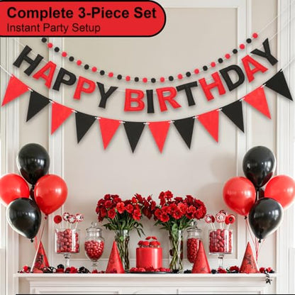 Pre-Strung Felt Happy Birthday Banner Red Black Garland Set - color: Black Red
