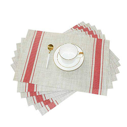GIVERARE Placemats Set of 6, Heat-Resistant Woven Vinyl Placemat, Non-Slip Washable PVC Table Mat, Easy to Clean Premium Plastic Mats at for Dining, Kitchen Table (Stripe Red) - color: 6 Pack Red
