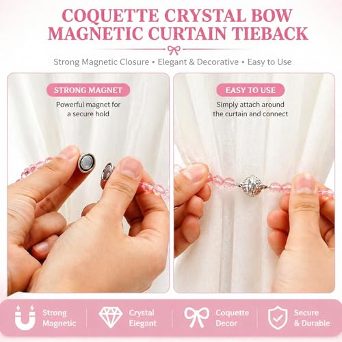 Novabright 2 Pack Pink Beaded Bow Magnetic Curtain Tiebacks No Drill