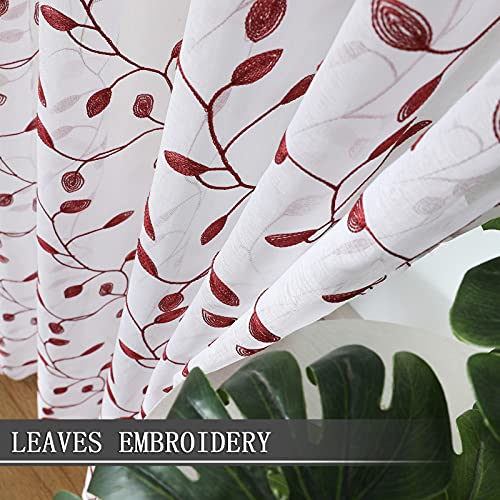 Tollpiz Leaves Sheer Tier Curtain Burgundy Red Leaf Embroidery Kitchen Half Curtains Rod Pocket Voile Faux Linen Embroidered Leaves Curtain for Bathroom, 30 x 36 inches Long, Set of 2 Panels - color: Burgundy Red, size: 30"W x 36"L (Pack of 2)