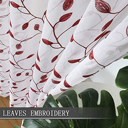 Tollpiz Leaves Sheer Tier Curtain Burgundy Red Leaf Embroidery Kitchen Half Curtains Rod Pocket Voile Faux Linen Embroidered Leaves Curtain for Bathroom, 30 x 36 inches Long, Set of 2 Panels - color: Burgundy Red, size: 30"W x 36"L (Pack of 2)