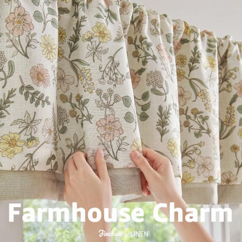 jinchan Maia Floral Linen Double Layer Valance 16 Inch 1 Panel White - color: Maia White on Linen, size: 50"W x 16"L (Pack of 1)