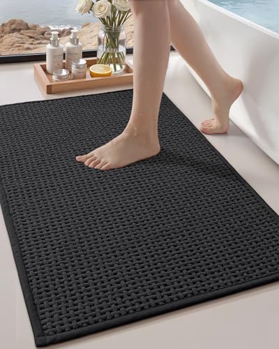 Color&Geometry Black 24x16 Waffle Bath Mat, Rubber Non Slip Bathroom Rug - color: Black, size: 16" × 24" (Small)