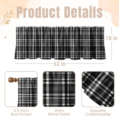 Emvency Valances for Windows, Line Ruffle Hem, 2 Pack, 52x18 Inch, Plaid - color: Black Grey