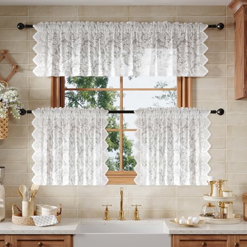 Rinwoc White Lace Semi-Sheer Valance Cafe Curtains – Vintage Floral Lace for Bedroom, Privacy Light Filtering Rod Pocket Window Drapes, Elegant Scalloped Valances Tier, 2 Panels 52W x 18L Inch - color: White Plume, size: 52"W x 18"L (Pack of 2)