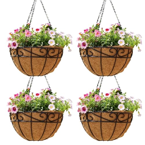 EIMQUVW Outdoor Metal Hanging Planters Basket (4pack, 12 inch) Hanging Baskets for Plants Chain Round Wire Plant Holder with Coco Fiber Liners for Garden, Patio, Deck, Porch(Flower Border) - size: 12 Inch